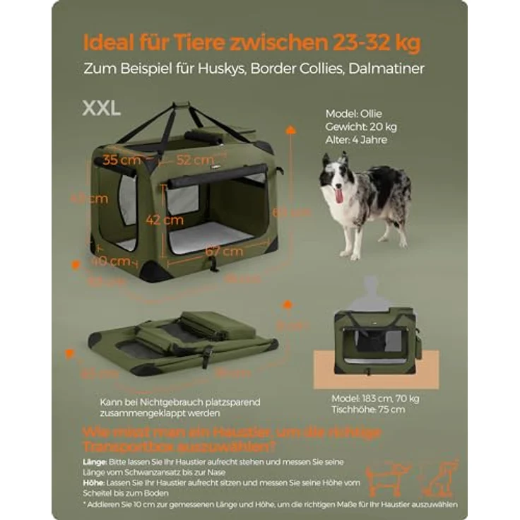 Feandrea Hundebox faltbar, Transportbox Hund, XXL, atmungsaktiv, tragbar, Netzstoff, waldgrün – Bild 3