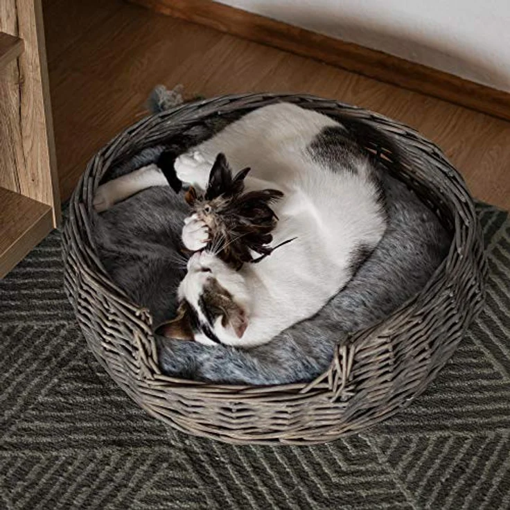 UNUS RM E-Commerce Hundebett Hundekorb Hundekörbchen aus Weide mit Kissen Grau Durchmesser 55cm für Hunde und Katzen – Bild 3