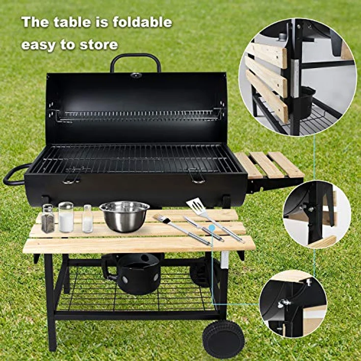 SunJas Grillwagen Holzkohlegrill, BBQ Grill Holzkohle mit Rädern, Anthrazit Standgrill, Grillkamin inkl. integriertes Thermometer und Lüftungsschieber, Gartengrill, Grillfläche: 70X38.5 cm – Bild 4