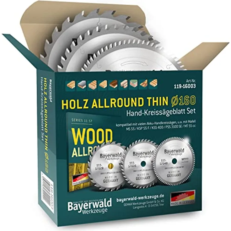 Bayerwald Kreissägeblatt Set Ø 160 (3 tlg.) - für Edelhölzer, Profilleisten, Parkett etc. - Geeignet für Akku-Handkreissägen von Mafell