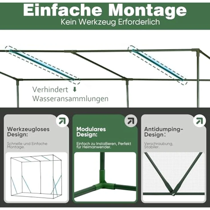 Sekey Tomatengewächshaus 200x170x77 cm, Begehbar, Stabil, Winterfest, UV-beständig, Grün – Bild 2