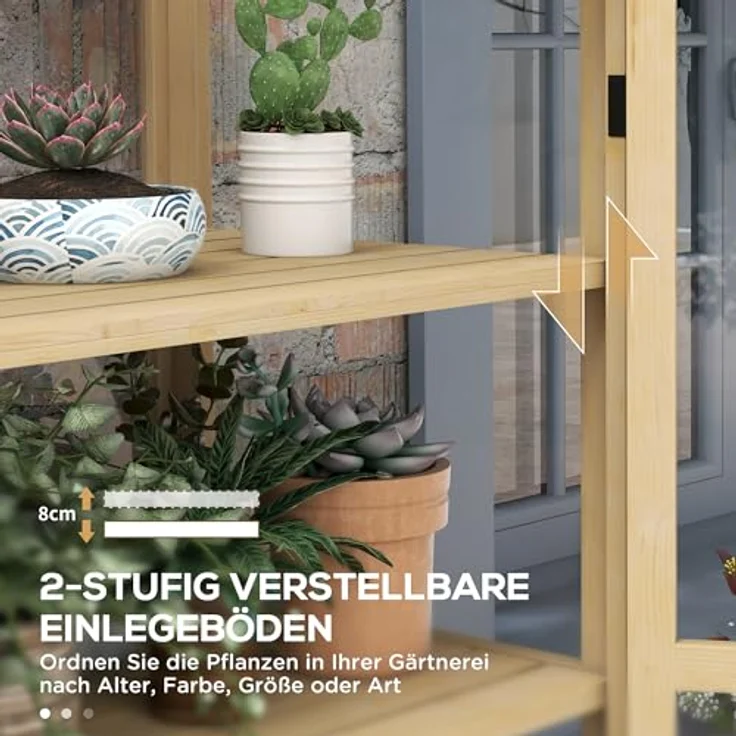 Outsunny Frühbeet aus Holz Abschließbar Gewächshaus Treibhaus mit 4 Ebenen, Dachfenster, Frühbeetkasten mit Doppeltür, für Garten, Balkon, Natur, 100 x 56,5 x 178 cm – Bild 4