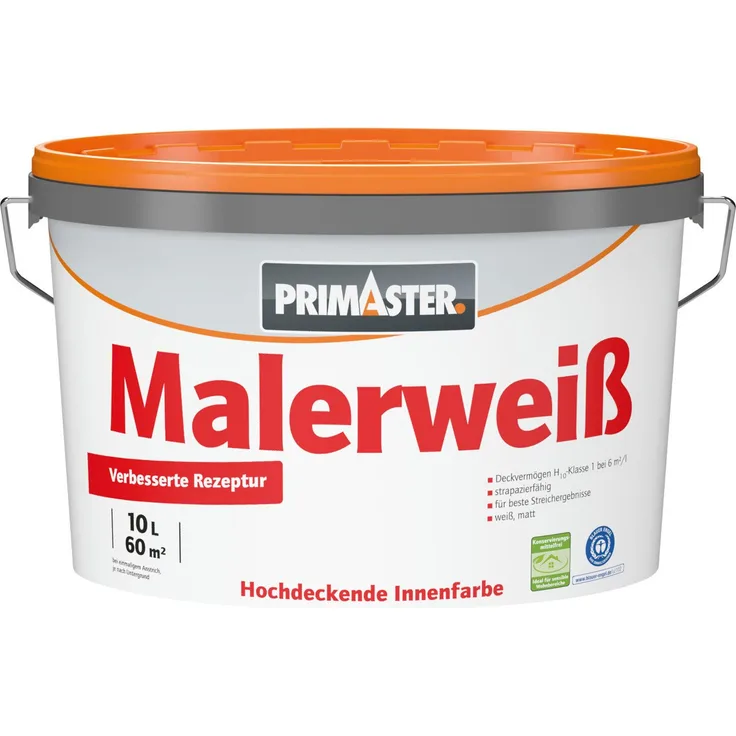 Primaster Malerweiß Wandfarbe, konservierungsmittelfrei, 10 L, matte Deckkraft, für Innenräume