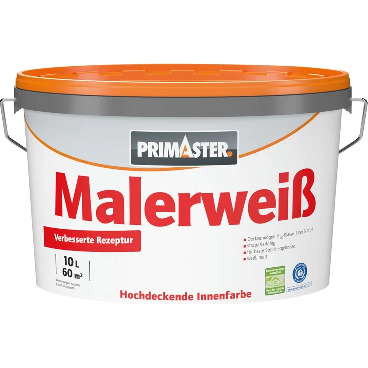 Primaster Malerweiß Wandfarbe, konservierungsmittelfrei, 10 L, matte Deckkraft, für Innenräume
