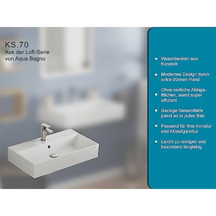 Aqua Bagno | Eckiges Design Waschbecken, hochwertige weiße Keramik, genormte Anschlüsse, Badezimmer | 700 mm x 420 mm – Bild 5