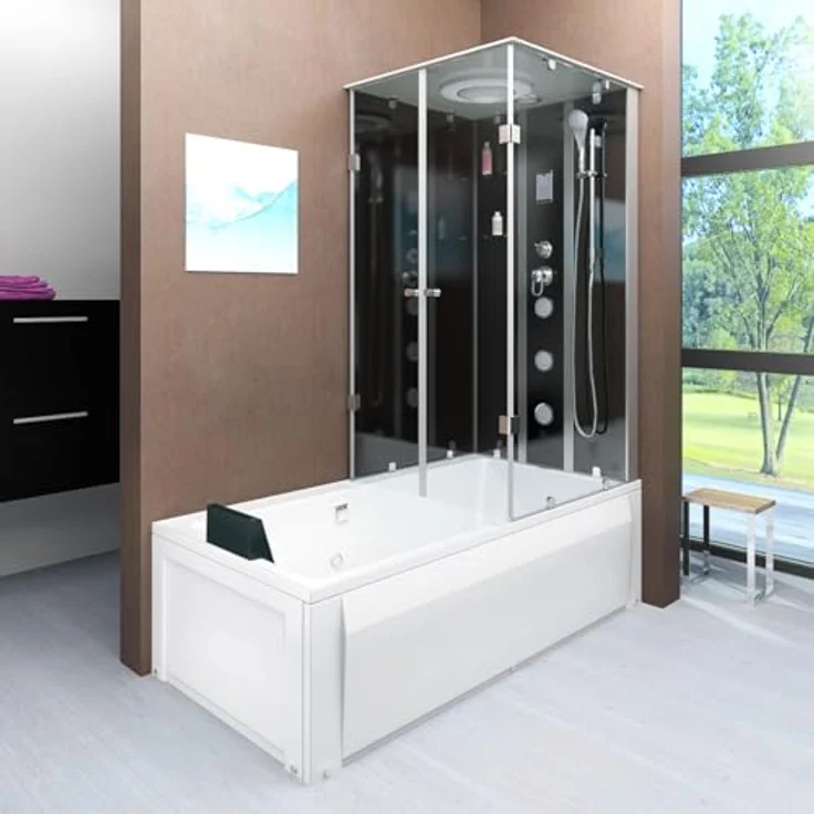 SeniorBad GmbH Dusche Wanne Kombination K05-L31-EC Duschkabine 180x90 cm in Schwarz mit Regendusche, Handbrause und Rückenmassagedüsen – Bild 2