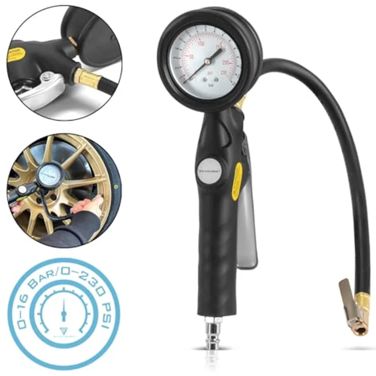 Stahlwerk DRA-162 ST, Druckluft-Reifenfüllpistole mit 2-in-1 Manometer, 0-16 Bar / 0-230 PSI, 380 mm Schlauch – Bild 2