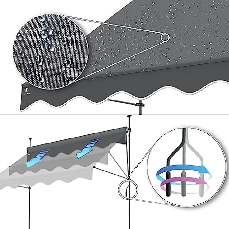 VOUNOT Klemmmarkise Balkon mit Handkurbel, höhenverstellbar Balkonmarkise ohne Bohren, UV-beständig, Wasserdicht & Sonnenschutz, 250 cm breit, Grau – Bild 5
