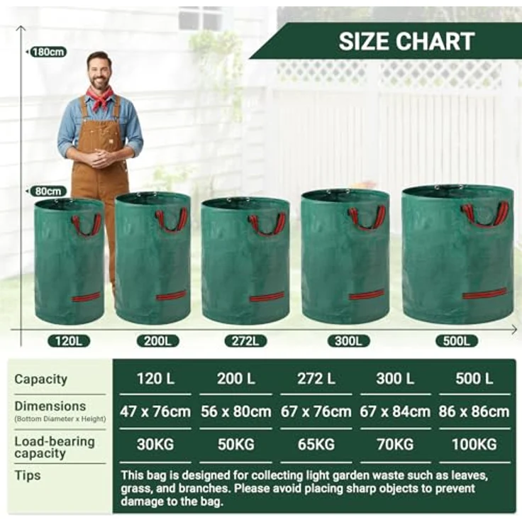 Velway Gartensack 2x500L, stabil selbststehend mit 4 Griffen, robust & wasserdicht, wiederverwendbar & faltbar für Grünschnitt, Laub, Rasenschnitt, Gartenabfälle – Bild 2