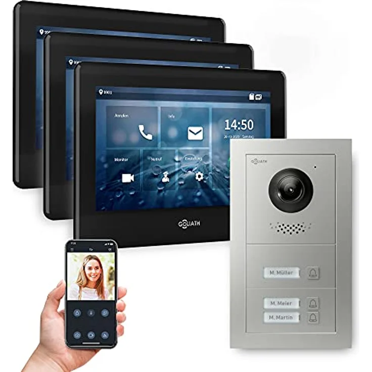 Goliath Intercom GL-HB300, 2-Draht BUS Video-Türsprechanlage mit HD-Kamera, 3 Monitore, Smartphone-Steuerung, Silber – Bild 1