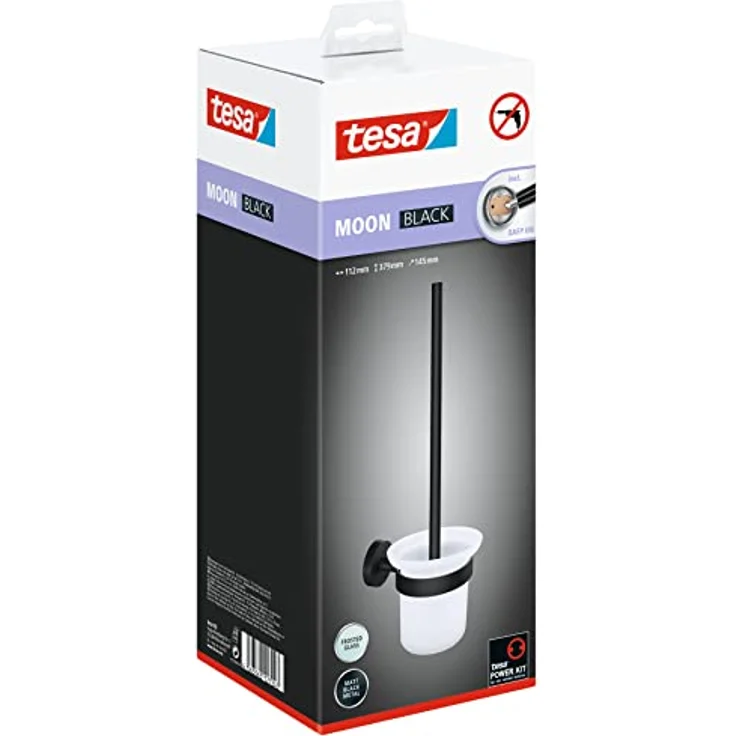 tesa MOON BLACK WC-Garnitur, Set mit Halter & WC-Bürste, matt schwarz, satiniertes Glas - für Bäder im Industrial Style und moderne Badezimmer - bohrfrei, inkl. Klebelösung - 379 mm x 112 mm x 145 mm – Bild 2