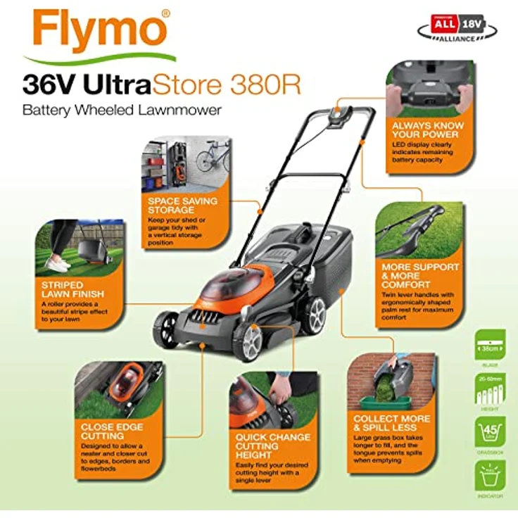 Flymo UltraStore 380R Li Akku-Rasenmäher-Set, 36 V, 38 cm Schnittbreite, geschlossener Kantenschneiden, hintere Rolle, 45 l, Comfort Grip, Power 4 All Battery Alliance, 970538901, orange und grau – Bild 2