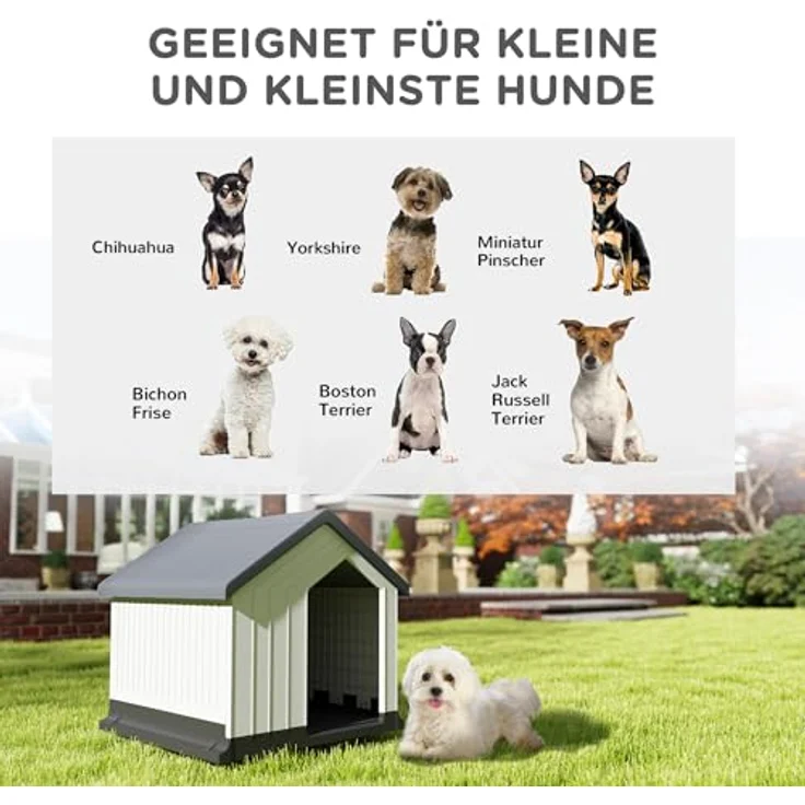 PawHut Hundehütte Outdoor Hundehaus mit Asphaltdach, Fenster, Wetterfest Kleintierhaus, Hundehöhle für Mini und kleine Hunde Grau 62 x 61 x 60 cm – Bild 3