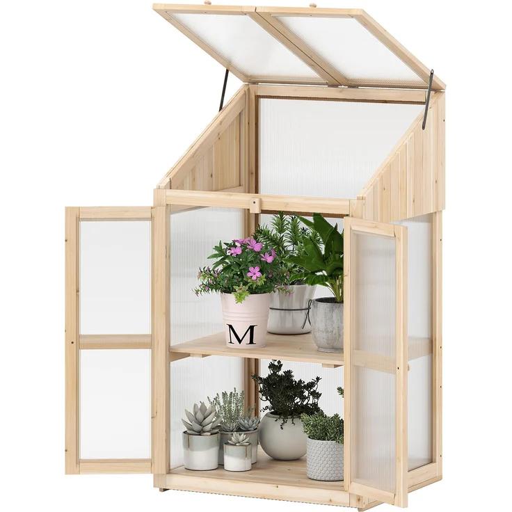COSTWAY 2 Etagen Frühbeet, Holz & PC, wetterfestes Gewächshaus mit 2 Türen und abnehmbaren Regalen, 69x58x121 cm, Natur