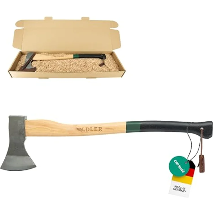 Adler Rheinlandaxt inkl. Lederschutz: Geschmiedete Axt zum Bäume fällen, Entasten und Holz spalten, C60-Stahlkopf & 70 cm Hickory-Stiel, große Allround-Forstaxt, Grün/schwarz, 1250 g – Bild 1