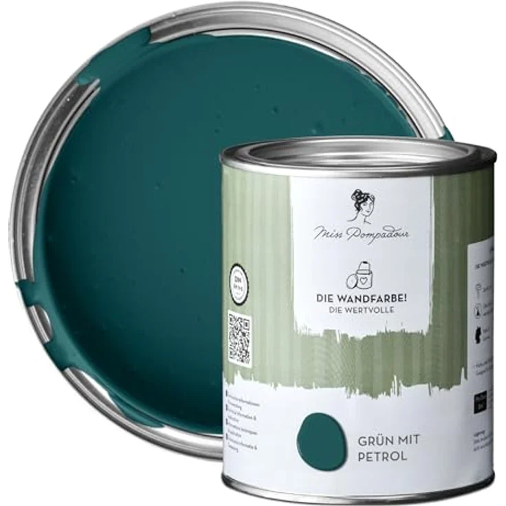 MissPompadour Wandfarbe Grün mit Petrol, matte Innenfarbe mit sehr hoher Deckkraft, 1 L, geruchsneutral und spritzfrei, wasserbasiert – Bild 1