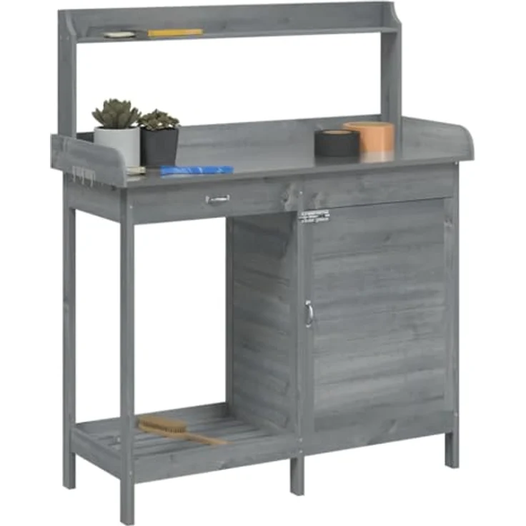 vidaXL Pflanztisch mit Schrank, Gärtnertisch aus grau massivem Tannenholz, vielseitiger Stauraum und verzinkter, wasserfester Tischplatte – Bild 4