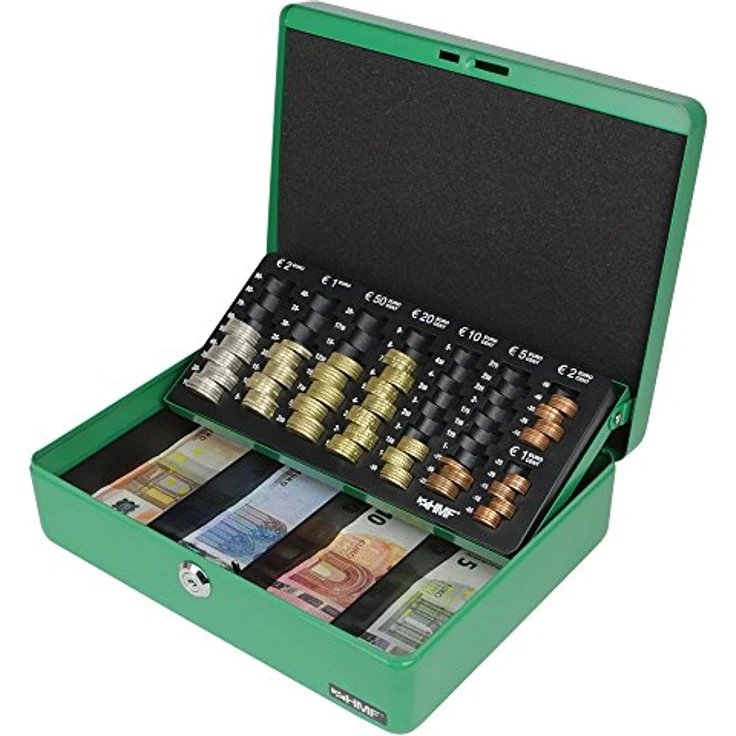 HMF 10015-06 Geldkassette Geldzählkassette 30 x 24 x 9 cm, Grün, mit Euro-Münzeinsatz und Sicherheitszylinderschloss – Bild 2