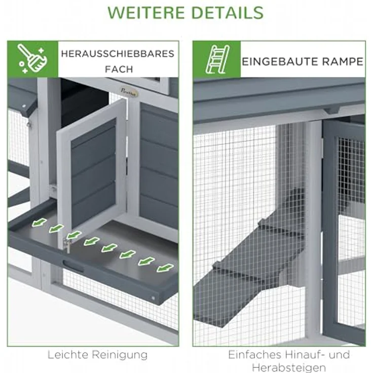 PawHut Hühnerstall Zwerghühnerstall mit Freigehege, Nistkasten und herausnehmbarer Bodenwanne für Garten und Balkon, grau – Bild 6