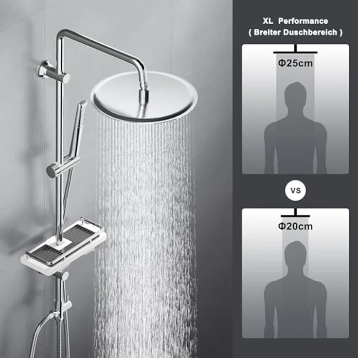 Görbach Edelstahl Duschset Regendusche mit 25 cm Kopfbrause, verstellbarer Duschstange und Duschablage in Chrom – Bild 2