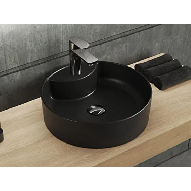 Aqua Bagno | Rundes Aufsatzwaschbecken mit Hahnloch schwarz matt, Keramikbecken, Handwaschbecken | 42 cm breit – Bild 1