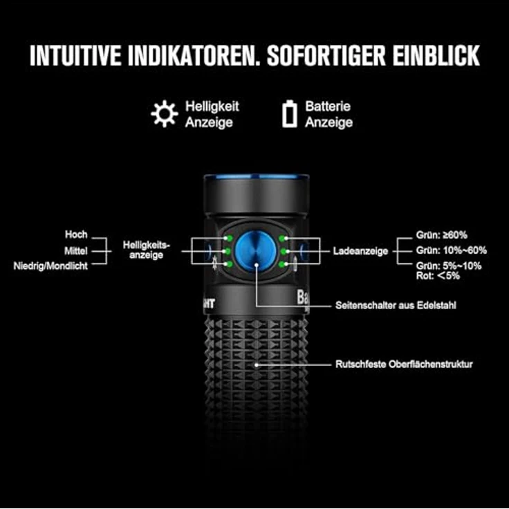 OLIGHT Baton 4, Wiederaufladbare Mini-Taschenlampe mit 1300 lm und 170 m Leuchtweite, robustes Gehäuse, Mikroperforiertes Display – Bild 4