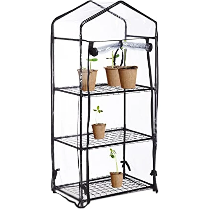 Relaxdays Gewächshaus Balkon, PVC-Folie, Stahl, HxBxT: 126 x 59 x 37 cm, Foliengewächshaus 3 Ebenen, schwarz/transparent – Bild 1