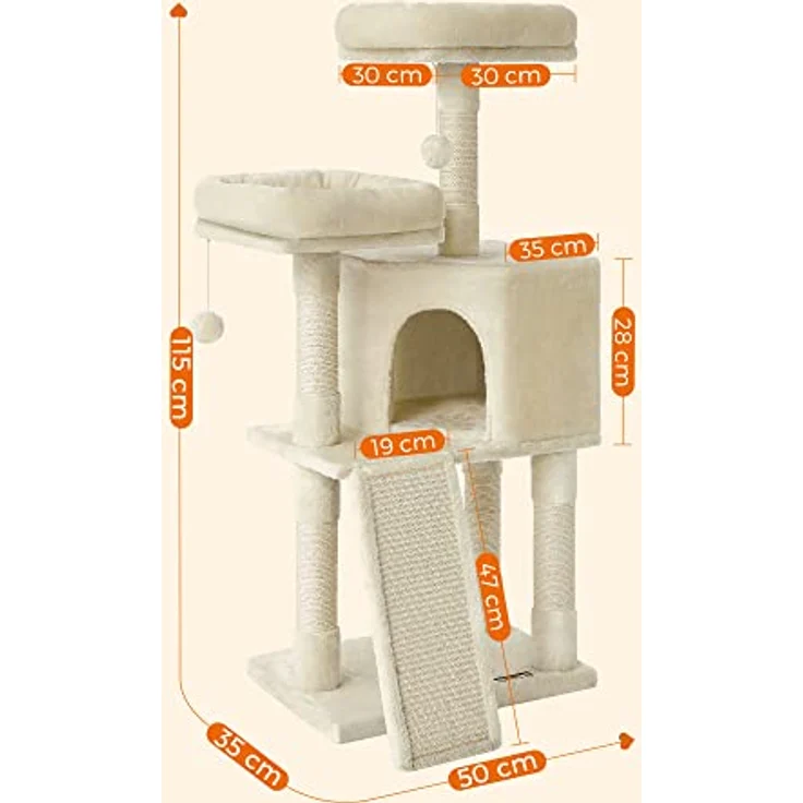 Feandrea Kratzbaum klein, Katzenbaum mit Kratzbrett, 115 cm, vollständig mit Sisal umwickelte Säule, beige Plüsch – Bild 5