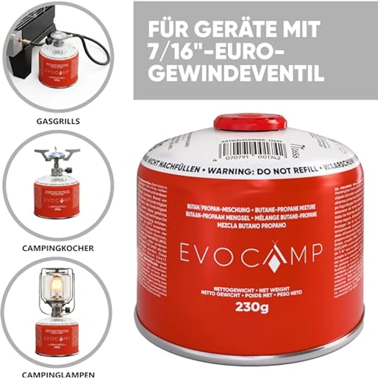 EVOCAMP 1X Gaskartusche 230g mit Schraubventil, EN417 Schraubkartusche für Campingkocher und Gaslampen, Butan-Propan-Gemisch, Sicherheitsventil, Ø 10,6 cm – Bild 4