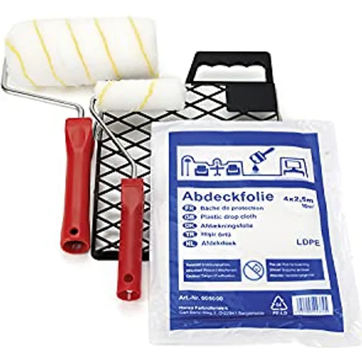 PLID® Malerset für Wandfarbe - Streichset mit Abstreifgitter für Farben - Malerroller groß & klein für innen & aussen - Farbrolle für Fassadenfarbe- und Innen- Wandfarben mit Abdeckfolie