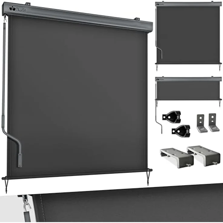 tillvex Senkrechtmarkise 160 x 250 cm für Außen- und Innenbereich | Aluminium Balkonrollo wasserfest mit Handkurbel | UV-Schutz 50+ | Grau – Bild 1