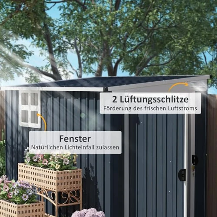 Outsunny Metall Gerätehaus 2,7m² Gartenhaus Dunkelgrau mit Pultdach und abschließbarer Tür – Bild 3