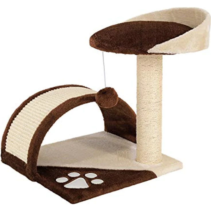 lionto Kratzbaum klein mit Plüschball & Kratzbogen, Höhe 43 cm, Sisalseil zur Krallenpflege, für kleine & große Katzen, braun/beige – Bild 1