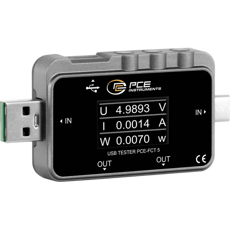 PCE Instruments PCE-FCT 5, digitales USB Strommessgerät mit Spannungsprüfer, TFT-LCD-Display und USB-A/C Anschlüssen