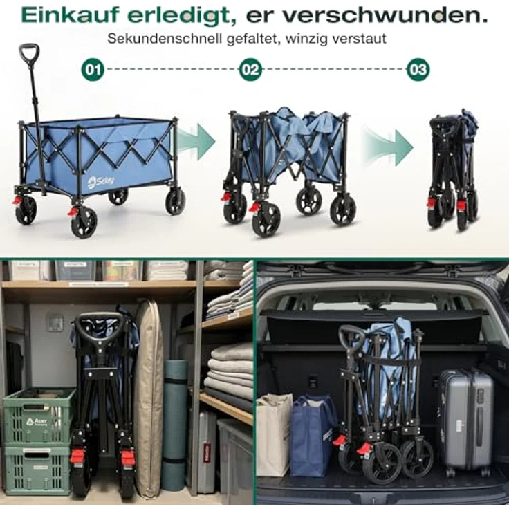 Sekey Bollerwagen Faltbar XXL 4026, 135L Volumen, 150KG belastbar, klappbar mit Geländereifen und Bremse, blau – Bild 4