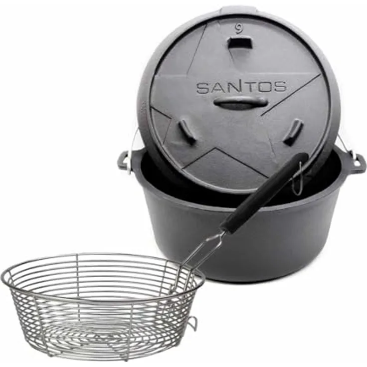 SANTOS Dutch Oven mit Deckel - Gusseisen - inkl. Frittierkorb - Ø 27,5 x 9,5 cm - 5,7 L/6 Qt - ideal für Lagerfeuer, Feuerstelle, Kohle- oder Gas-Grill