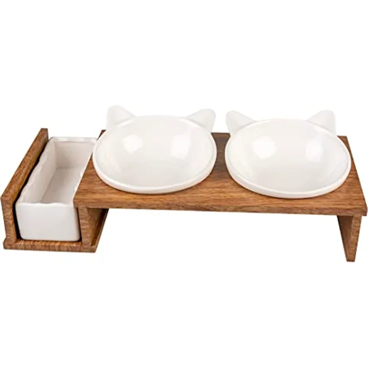 duvoplus, Set mit 3 Keramikschalen für Katzen, Modell Stony Up, Ständer aus Polywood, 3 Schalen zum Essen, Trinken und Katzenminze, spülmaschinenfest, 250 ml + 350 ml, Weiß
