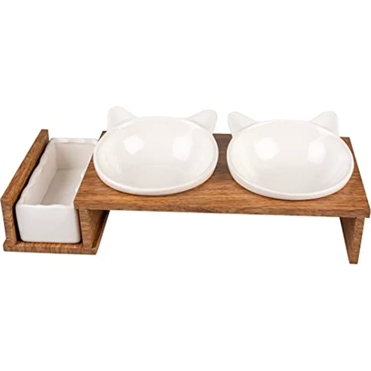 duvoplus, Set mit 3 Keramikschalen für Katzen, Modell Stony Up, Ständer aus Polywood, 3 Schalen zum Essen, Trinken und Katzenminze, spülmaschinenfest, 250 ml + 350 ml, Weiß – Bild 1