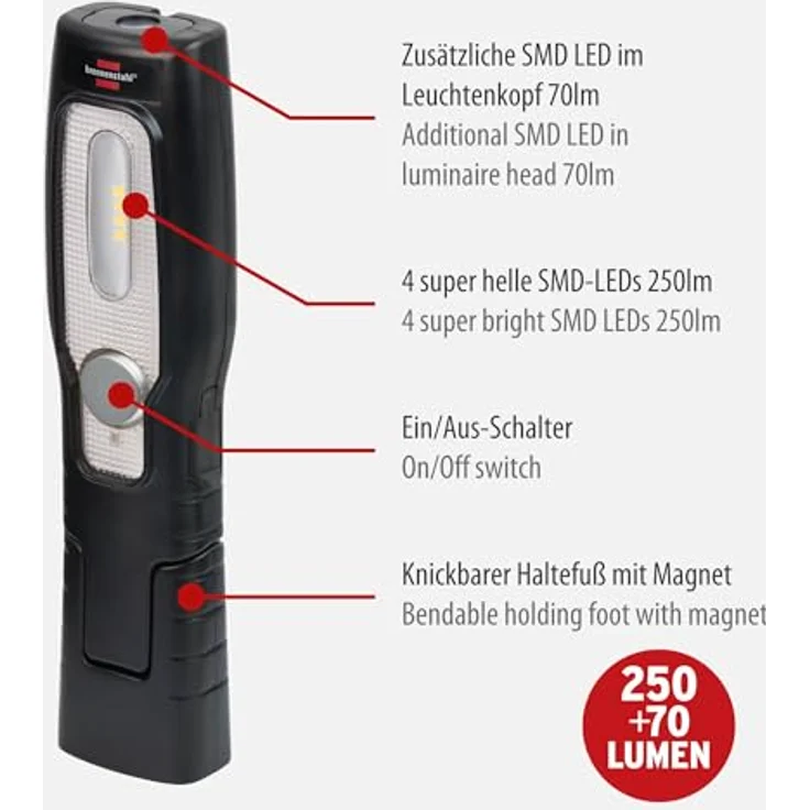 Brennenstuhl LED Akku Handleuchte HL 201 A, superhelle Arbeitsleuchte mit Akku (250 + 70lm, knickbarer Haltefuß, Magnet, Haken, USB C Kabel) – Bild 2
