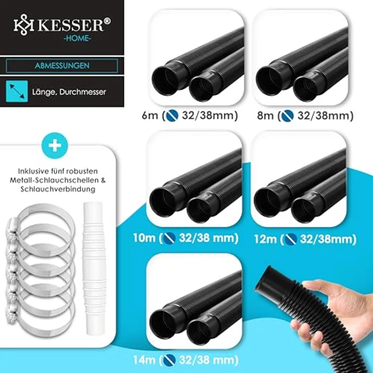 KESSER Poolschlauch | Schwimmbadschlauch mit Muffen | Solarschlauch für Pool und Schwimmbecken | Saugschlauch | Pumpenschlauch | Flexibler Wasserschlauch Schwarz, Länge 10m ( Ø 32 mm ) – Bild 7