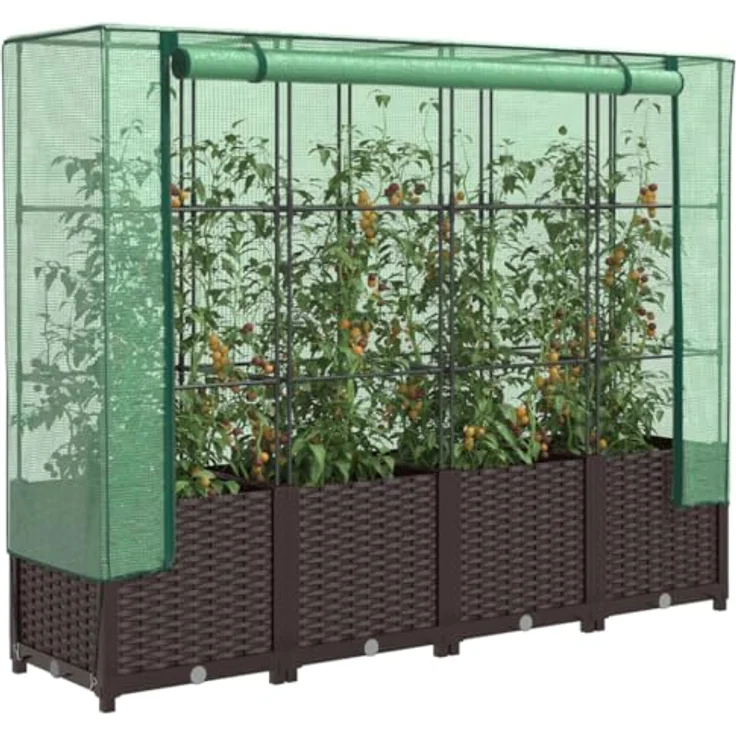 vidaXL Hochbeet mit Gewächshaus-Aufsatz, Pflanzbeet mit Eisenrohr-Rahmen, Rattan-Optik – Bild 2