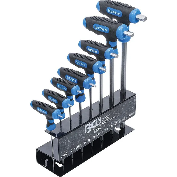 BGS Schraubendreher T-Griff-Schlüssel-Satz, Innensechskant, 8-teilig, 2-10 mm, Chrom-Vanadium-Stahl, ergonomischer Zwei-Komponentengriff, Metallhalter, 8-teilig
