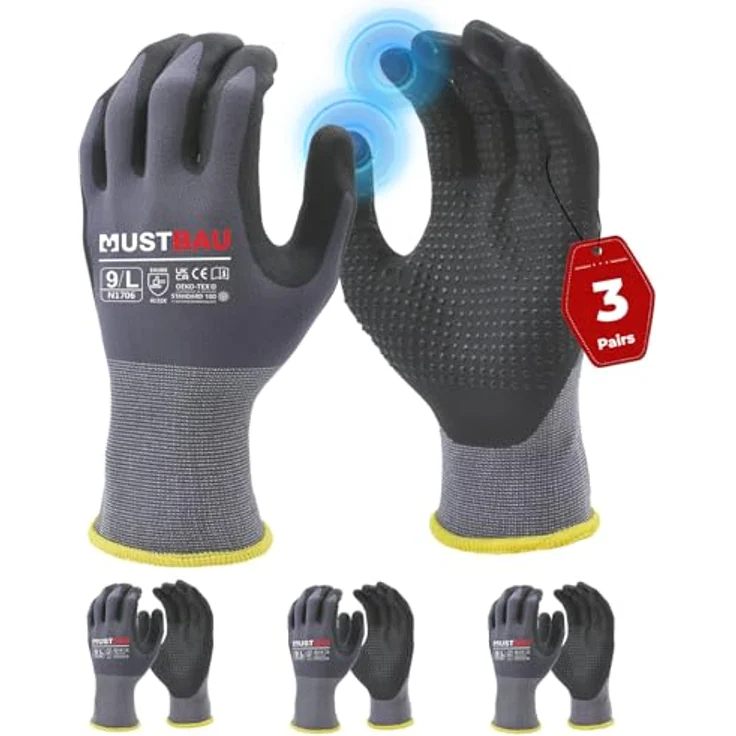 Mustbau Arbeitshandschuhe 12/6/3 Pack, Abriebfest Gartenhandschuhe Montagehandschuhe, Nitrilbeschichtung, Touchscreen-fähig – Bild 2