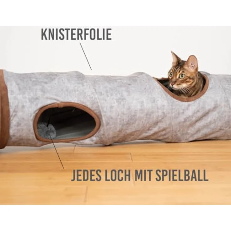 KaraLuna Premium Katzentunnel 120 x 24 cm I 3 Gucklöcher & Spielbälle I Katzen Spieltunnel Faltbar Katzenspielzeug Katzen Tunnel Rascheltunnel Höhle Rolle Cat Tunnel Katze grau Kaninchen XXL – Bild 5