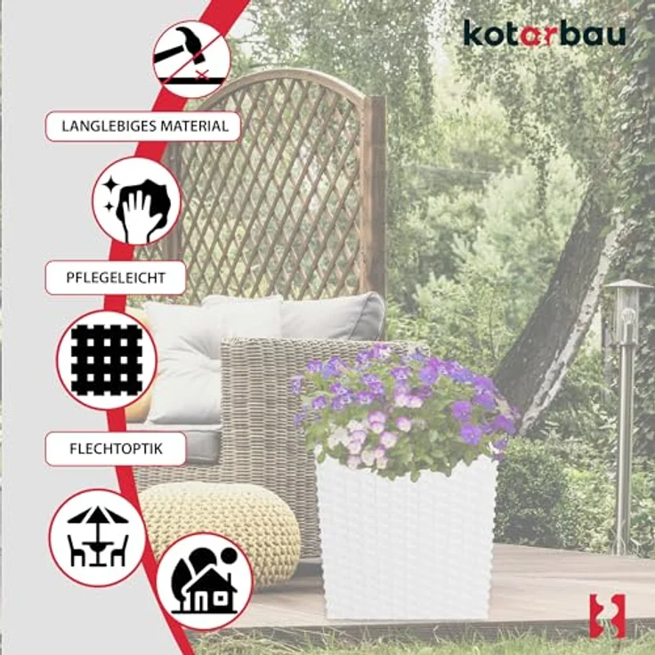 KOTARBAU® Blumentopf Set, 15,8 L, Höhe 27 cm, Weiß, Kunststoff mit Innentopf und Rattan-Optik für Innen und Außen – Bild 5