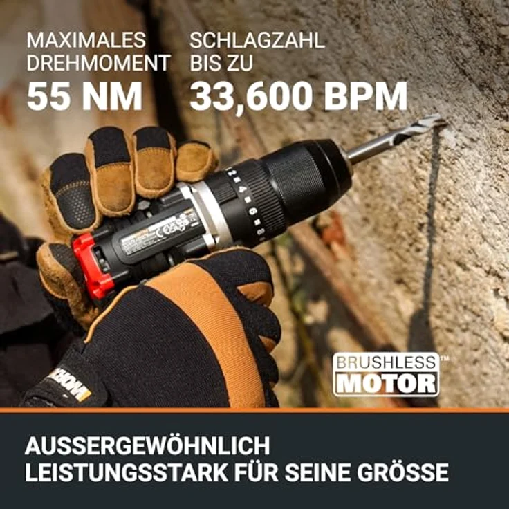 WORX Nitro WX355.9 Profi Akku Schlagbohrschrauber – bürstenloser Motor – 55Nm, Schlagzahl 33600/min, Leerlaufrehzahl 0-500/0-2100 U/min – leicht & kompakt – LED Licht – Bild 3