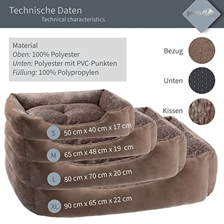 PETSTUFF Hundebett Kissen herausnehmbar waschbar, braun, M, weiche Füllung und rutschfeste Unterseite – Bild 3