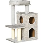 PawHut Kratzbaum, Höhe 91 cm, Kletterbaum mit 2 Katzenhöhlen, Kratztonne mit Sisalsäule, Spieltonne für Katzen, Katzenbaum mit Plattform, Spielbaum, Katzenspielzeug, Hellgrau
