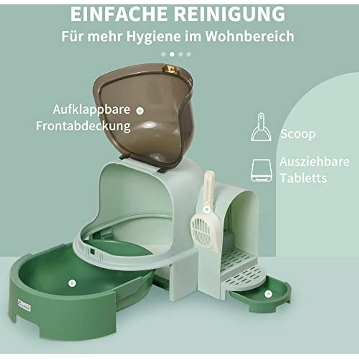 PawHut Katzentoilette, Katzenhaus, Katzenklo inklusive Schaufel, 2 Herausziehbarer Bodenwannen, Haube, Grün, 52 x 60 x 42 cm – Bild 5
