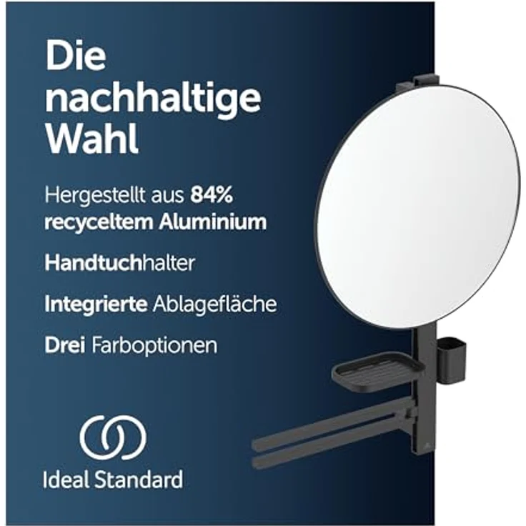 Ideal Standard Beauty Kosmetikspiegel-Set Bar L800, schwarz matt, mit höhenverstellbarer Wandhalterung und großem Kosmetikspiegel – Bild 2